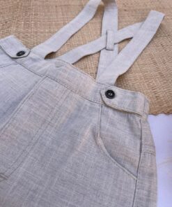 Conjunto Batizado Casamento Verão infantil menino com Bata Gola Padre manga curta e Jardineira bermuda Linho bege